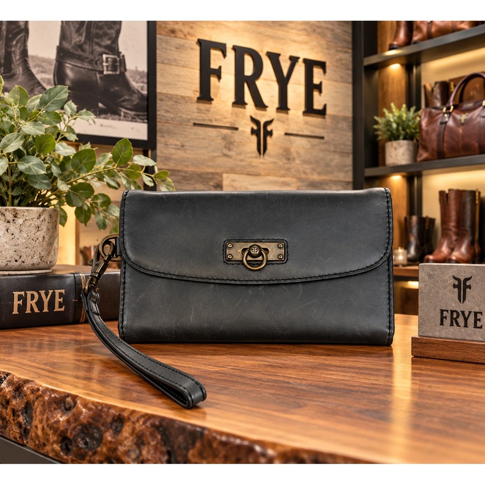 Frye Melissa Leather Wristlet Clutch Black DB1014 Antique Brass Ring Wallet